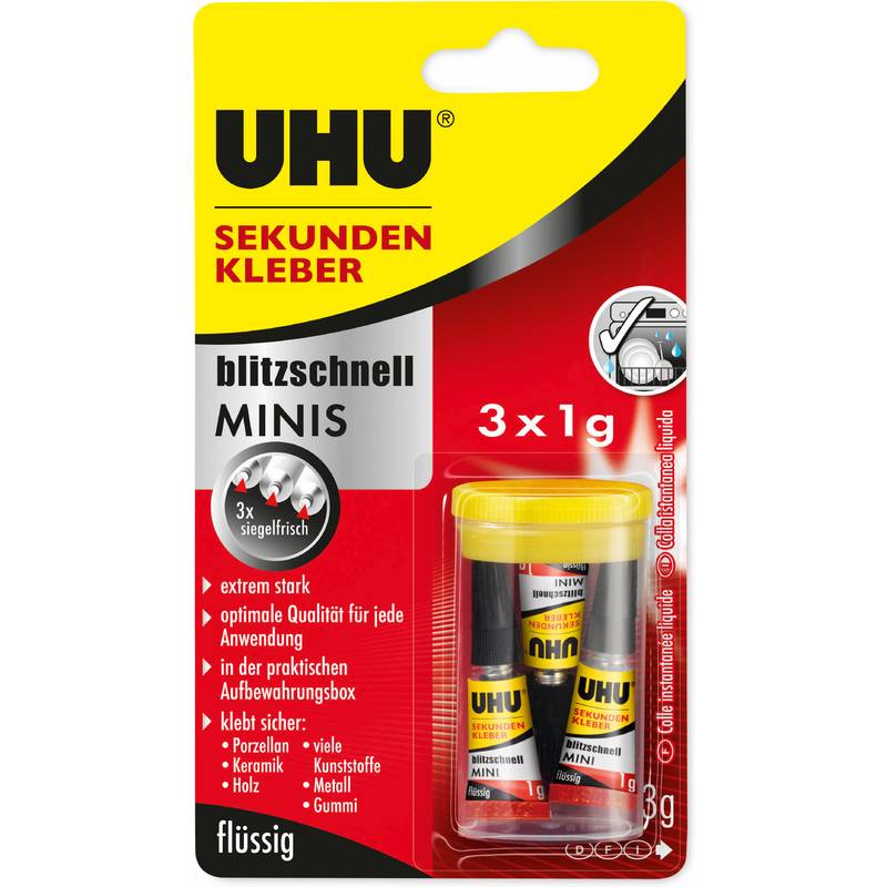 UHU Sekundenkleber BLITZSCHNELL MINIS flüssig, 3 Tuben à 1 g