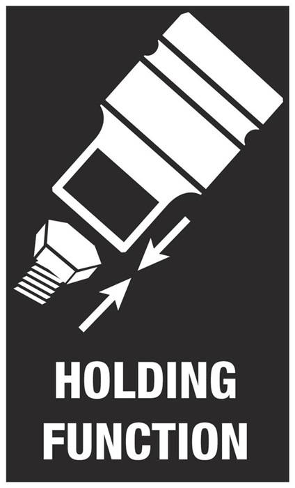 Ein schwarzes Grafik zeigt einen Bolzen, der von einem Werkzeug von oben angezogen wird, mit Pfeilen, die die Bewegung andeuten. Der Text darunter liest 'HALTEN.