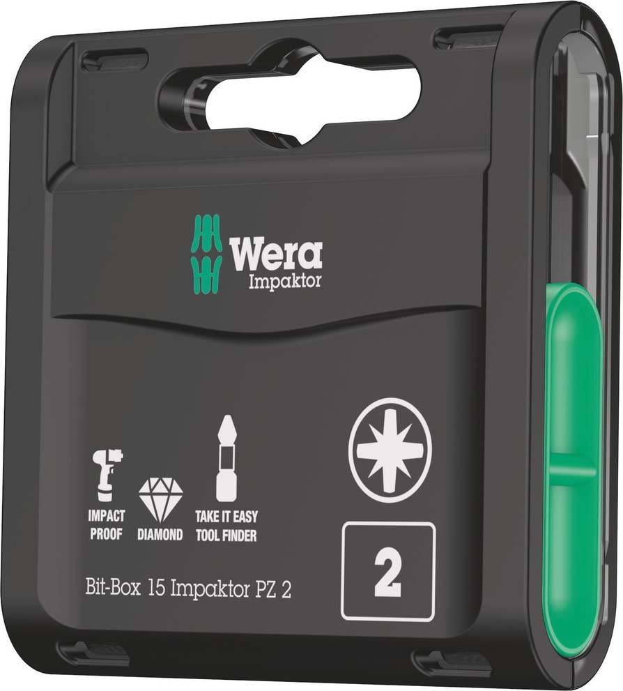 Eine schwarze Wera Impaktor Bit-Box mit der Aufschrift 'Bit-Box 15 Impaktor PZ 2' mit Symbolen für 'Schlagfest', 'Diamant' und 'Take It Easy Tool Finder'.