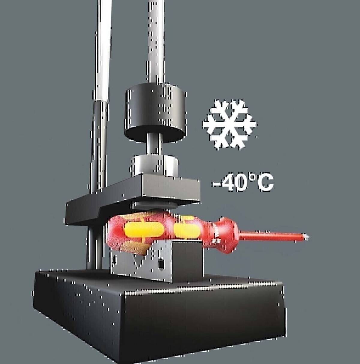 Laborpresse, die ein kleines Objekt unter einem Schneeflocken-Symbol und „-40°C
