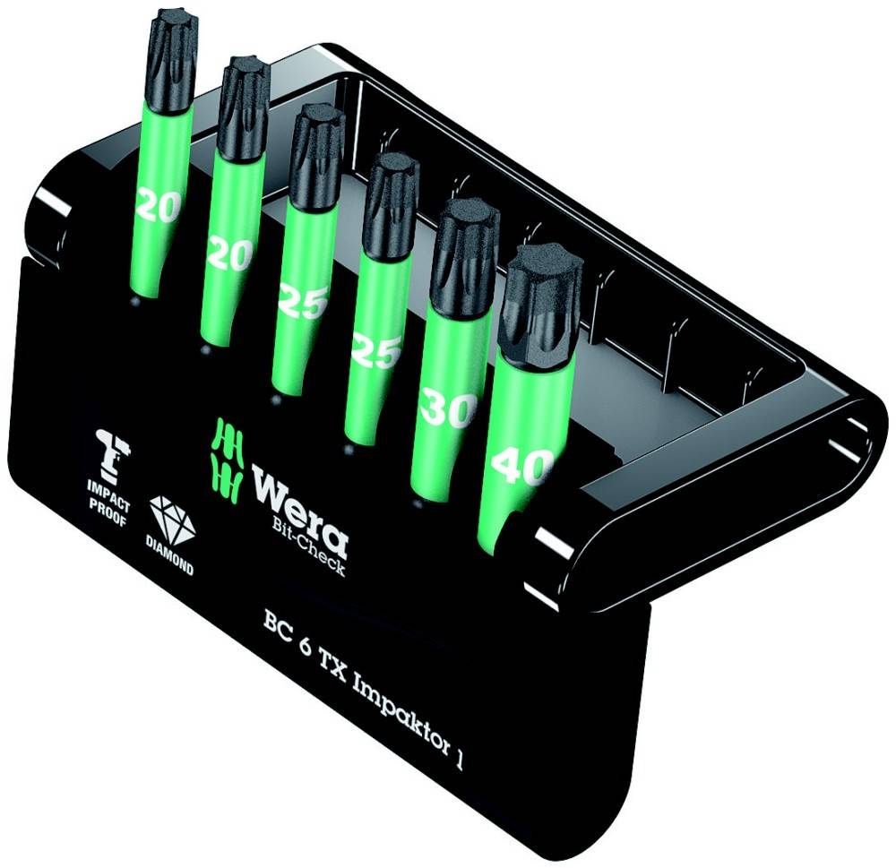 Wera Bit-Check Halter mit sechs grün-schwarzen Torx-Schlagbits mit den Bezeichnungen 20, 20, 25, 25, 30 und 40 in einem schwarzen Koffer.