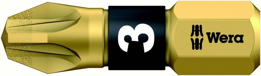 Nahaufnahme eines goldenen Wera-Schrauberbits mit schwarzem Mittelbund und weißem Logo.