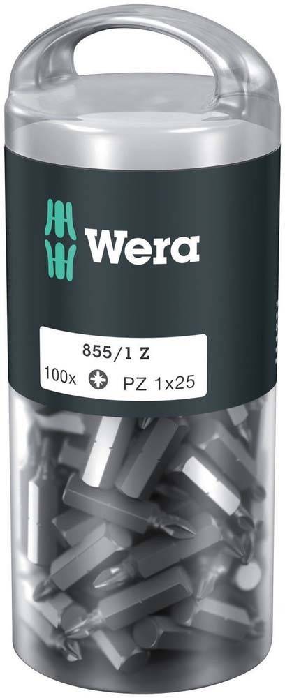 Ein Behälter mit der Aufschrift 'Wera 855/1 Z' enthält 100 Stück PZ 1x25 Schraubendbits. Der Behälter ist teilweise transparent und lässt die Bits im Inneren erkennen.