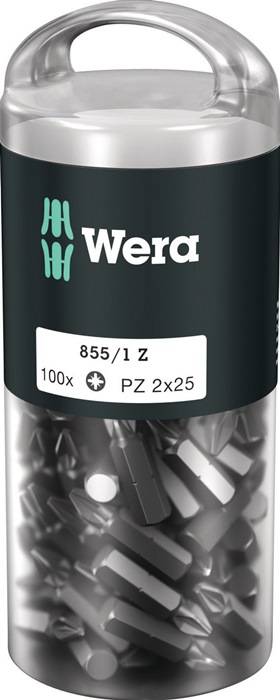 Das Bild zeigt einen Behälter mit der Bezeichnung 'Wera' mit den Spezifikationen '855/1 Z', der 100 Schraubendrehen-Bits enthält, Größe 'PZ 2x25'.