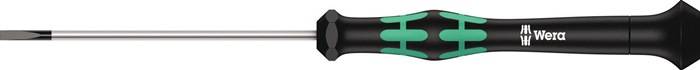 Ein Schraubendreher mit einem schwarz-grünen Griff, ausgestattet mit einem ergonomischen Griff und einer Schlitzspitze.