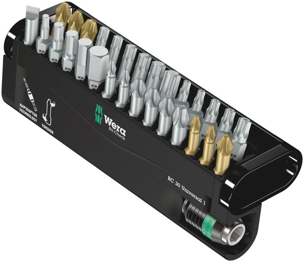 Ein Satz Sechskant-Schraubendrehen-Bits in verschiedenen Formen und Farben, ordentlich in einem schwarzen Halter organisiert. Beschriftet mit 'Wera Bit-Check'.