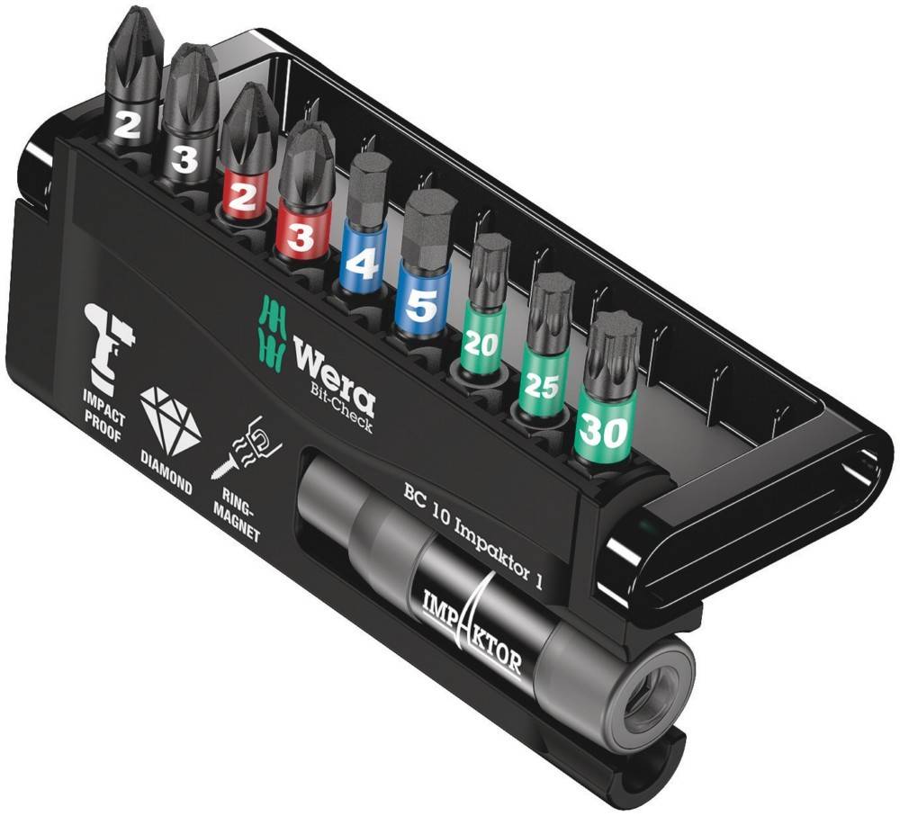 Wera Bit-Check'-Set mit verschiedenen Bits, schlagfest, Diamantbeschichtung, Ringmagnet; inklusive Impaktor-Halter.