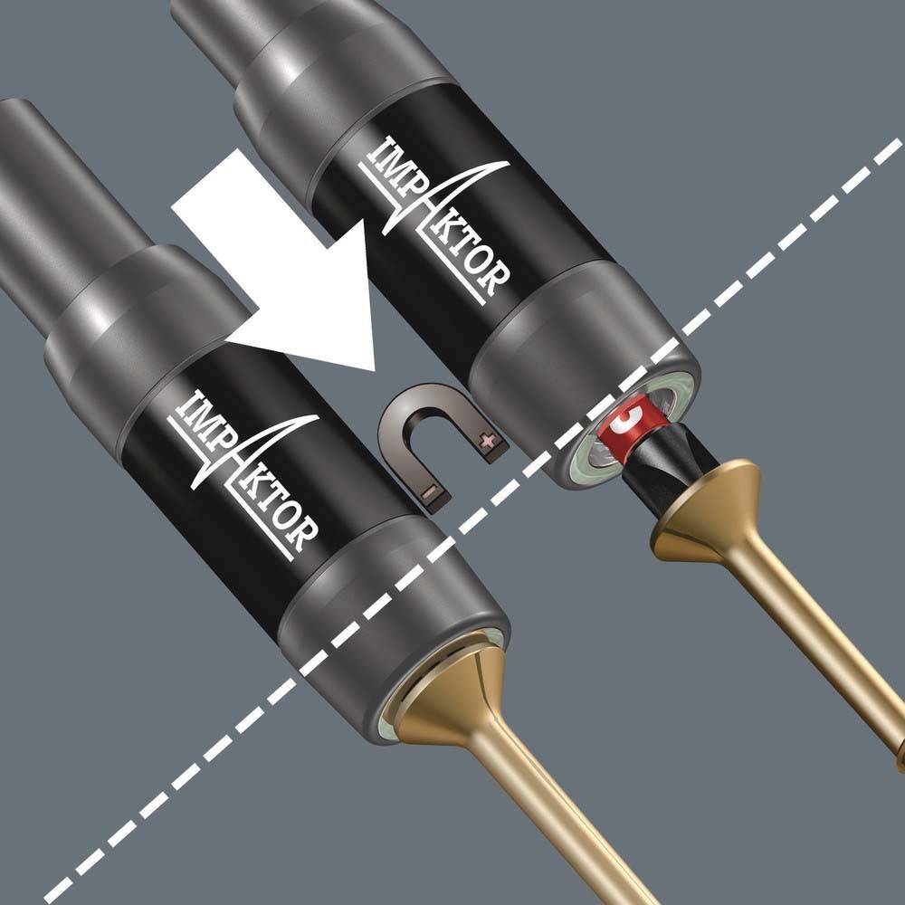 Zwei zylindrische Objekte, die durch einen U-förmigen Magneten miteinander verbunden sind, mit der Beschriftung 'IMPXTOR' und einem Richtungspfeil, der die Verbindung anzeigt.