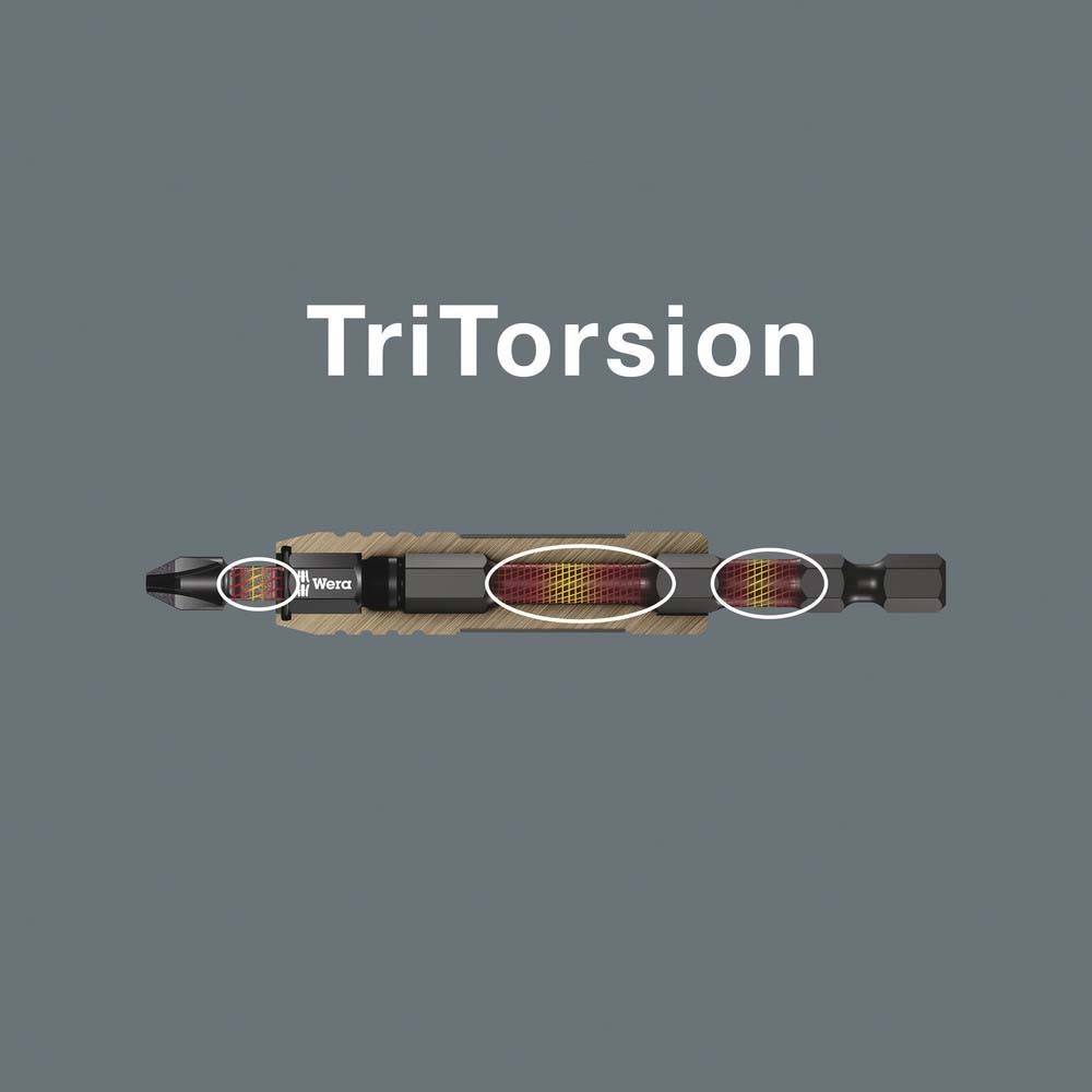 Ein Werkzeug, das mit 'TriTorsion' beschriftet ist, auf einem grauen Hintergrund, das eine mehrfarbige, strukturierte Welle mit Metallelementen an den Enden präsentiert.