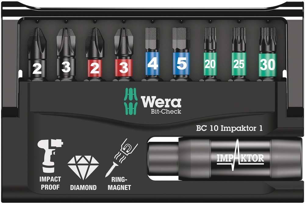 Wera Bit-Check 10 Impaktor-Set mit verschiedenen Schraubendreher-Bits, nummeriert von 1 bis 5 und zwei zusätzlichen Bits mit den Bezeichnungen 20 und 25.