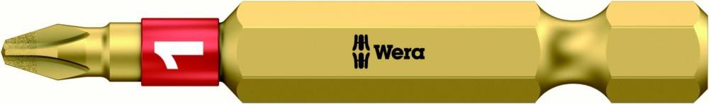 Nahaufnahme eines Wera-Schraubendreherbits mit goldenem Sechskantschaft, rotem Kragen und Schlitzspitze auf weißem Hintergrund.