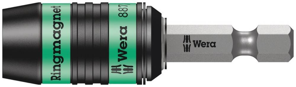 Eine sechseckige Wera 887/4 Bitsockel mit einem grünen Band, auf dem das 'Wera' Logo angebracht ist, und einem schwarzen Kopf, die für Werkzeuganbringungen verwendet wird.