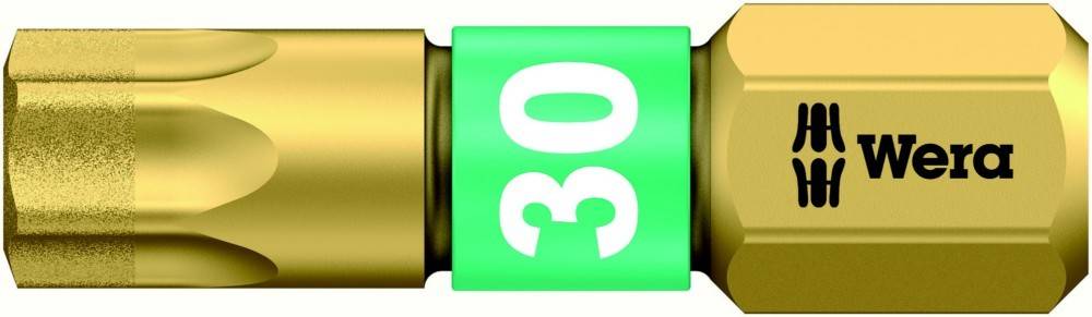 Goldener Wera Schraubendreher-Bit mit grünem 30er Größen-Band und Markenlogo auf dem Schaft