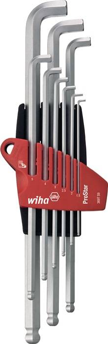 Wiha ProStar' Sechskantschlüssel-Halter mit roten Inbusschlüsseln in verschiedenen Größen von 1,5 bis 5 Millimetern, nach Größe auf einem schwarzen Etui angeordnet.