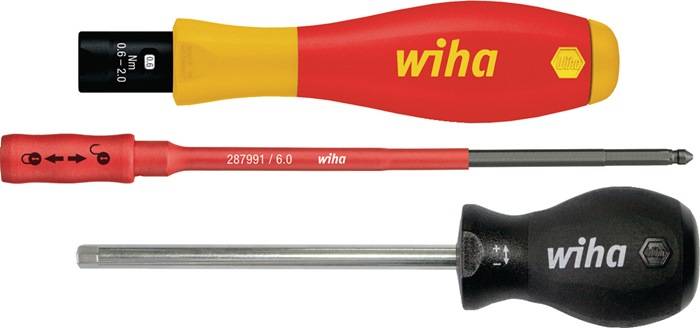 Ein roter und gelber Schraubendreher der Marke 'wiha', auf dessen Griff der Markenname gedruckt ist, mit einer Größenbezeichnung von '6.0' und der Modellnummer '287991'.