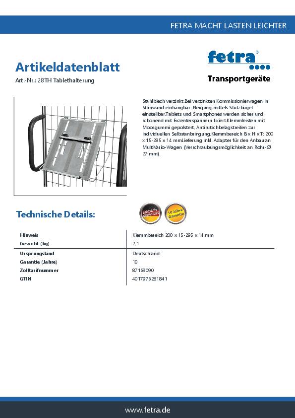 Tablethalterung 28TH Klemmbereich BxHxT 200x15-295x14mm Stahlblech verz. fetra®