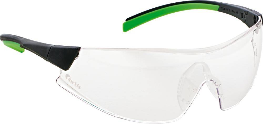 Klare Schutzbrille mit schwarzen und grünen Bügeln, auf weißem Hintergrund gezeigt.
