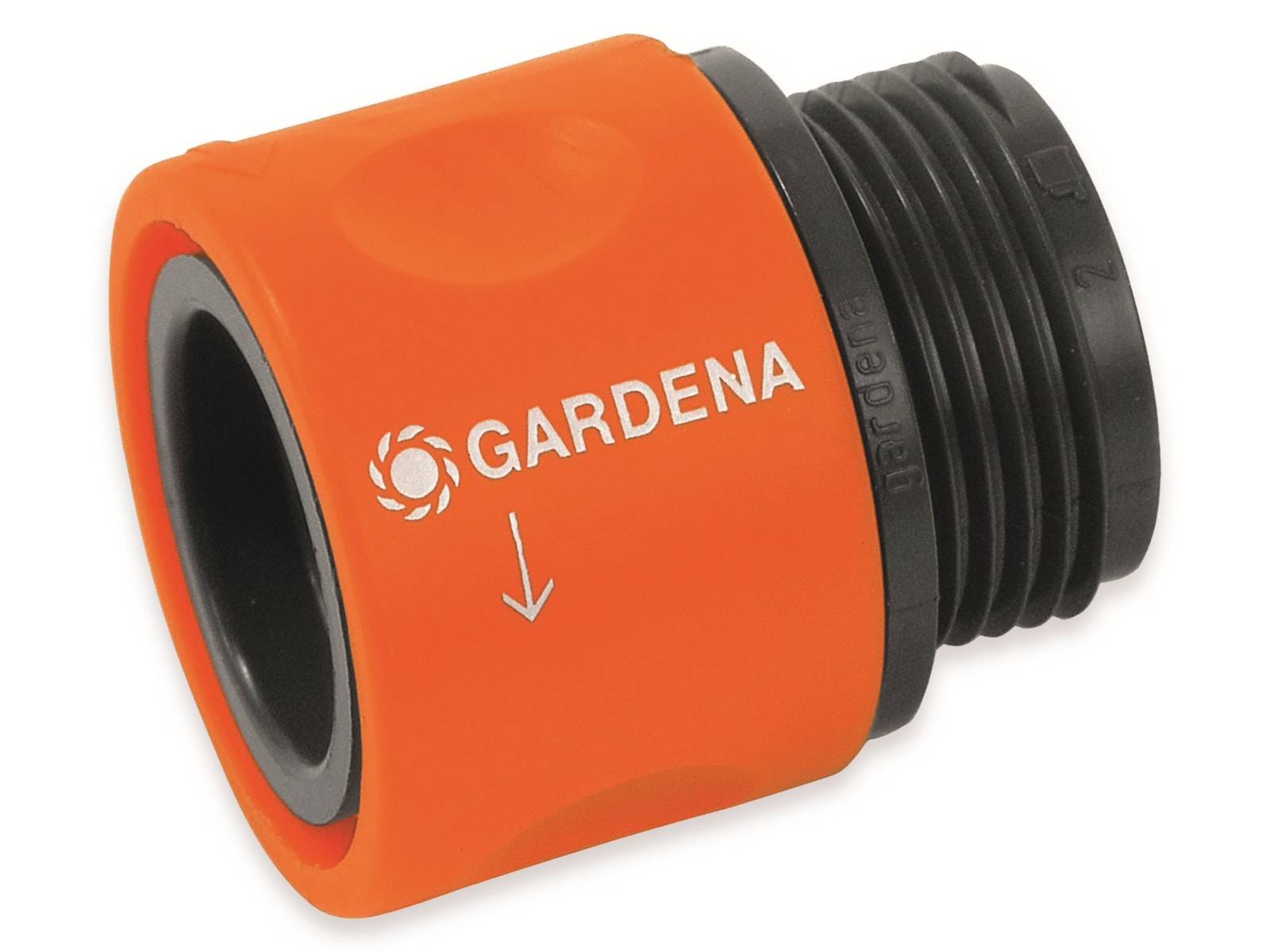 Orange-schwarzer GARDENA-Schlauchverbinder mit schwarzem Gewinde und Pfeil für die Durchflussrichtung.