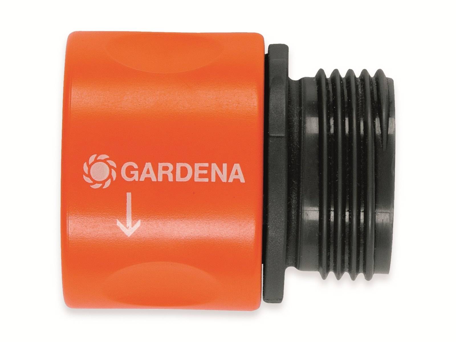 Orange-schwarzer GARDENA-Schlauchverbinder mit schwarzem Gewinde, auf weißem Hintergrund dargestellt mit einem nach unten zeigenden Pfeil, der die Fließrichtung anzeigt.