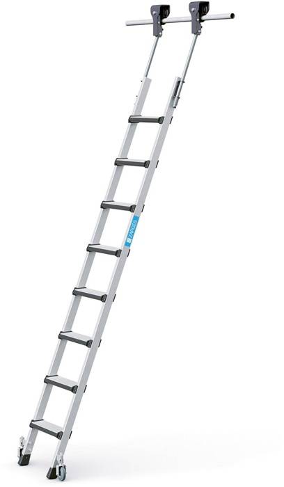 Stufen-Regalleiter Comfortstep Trec LH 8Stufen senkr.Einhäng-H.2,34-2,58m fahrb.