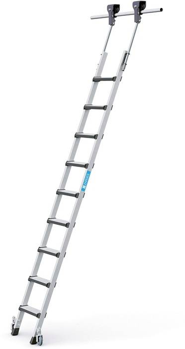 Stufen-Regalleiter Comfortstep Trec LH 9Stufen senkr.Einhäng-H.2,59-2,83m fahrb.