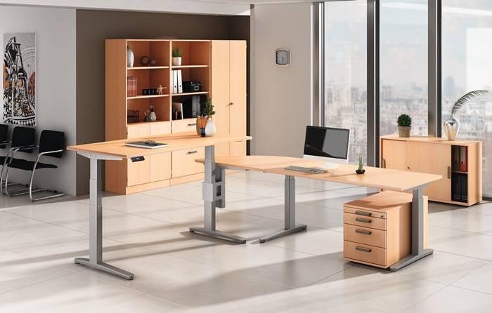 Schreibtisch A-ktiv H650-1300xB1200xT800mm Ahorndekor ger.Form C-Fuß