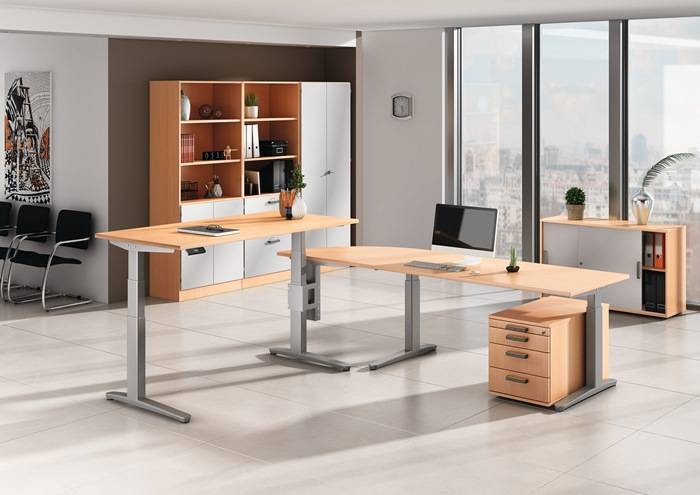 Schreibtisch A-ktiv H650-1300xB1200xT800mm Buchedekor ger.Form C-Fuß