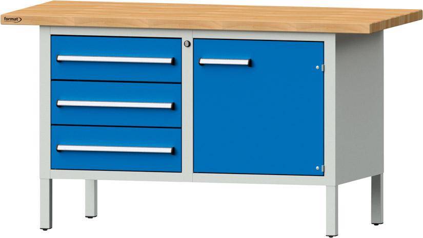 Format Kastenwerkbank B1500xT700xH840mm RAL 7035/5012 BMP: 40 mm 3 Schubladen, 1 Tür