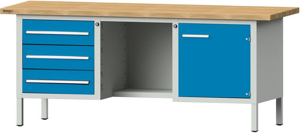 Format Kastenwerkbank B2000xT700xH840mm RAL 7035/5012 BMP: 40 mm 3 Schubladen, 1 Tür
