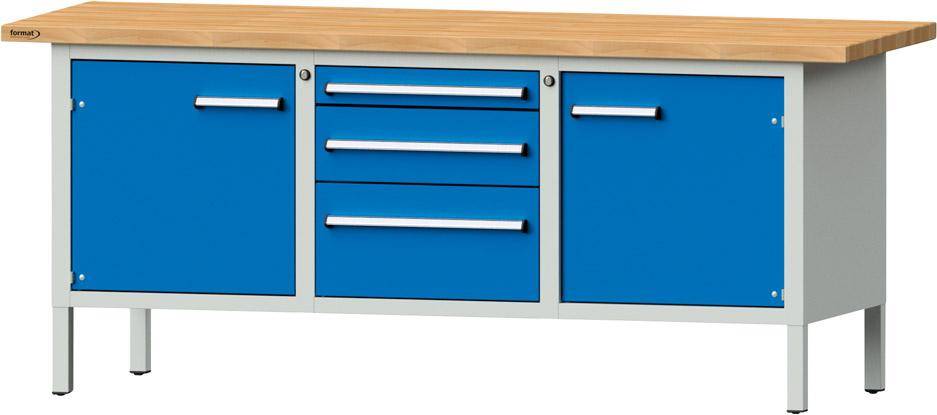 Format Kastenwerkbank B2000xT700xH840mm RAL 7035/5012 BMP: 40 mm 3 Schubladen, 2 Türen