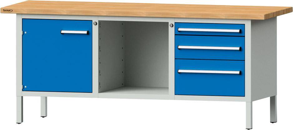 Format Kastenwerkbank B2000xT700xH840mm RAL 7035/5012 BMP: 40 mm 3 Schubladen, 1 Tür