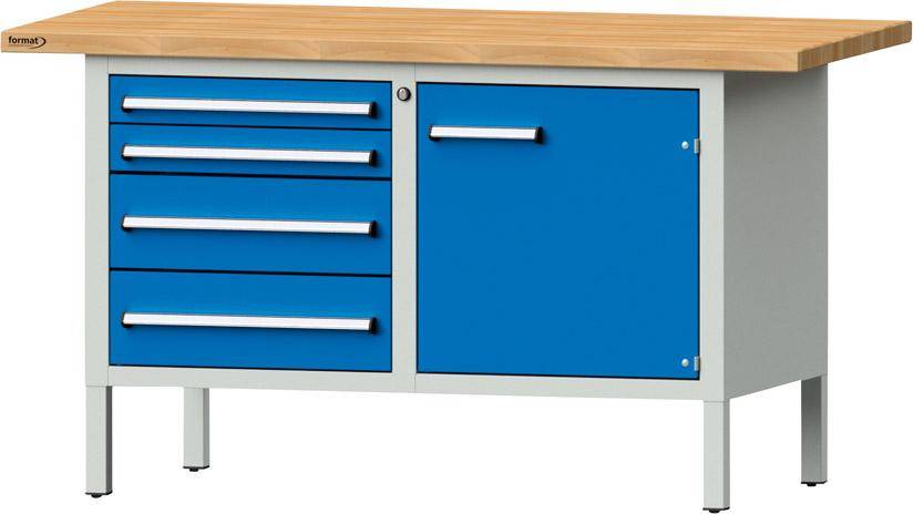 Format Kastenwerkbank B1500xT700xH840mm RAL 7035/5012 BMP: 40 mm 4 Schubladen, 1 Tür