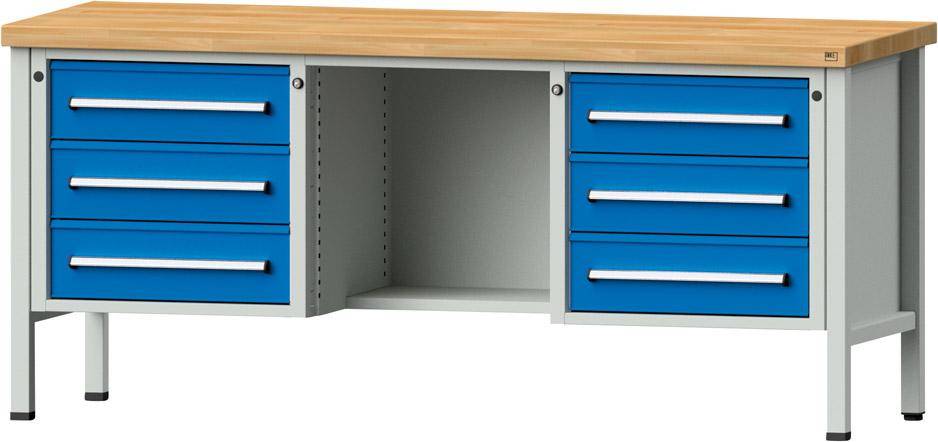 Anke Kastenwerkbank B2000xT700xH900mm RAL7035/5012 BMP: 50 mm 6 Schubladen