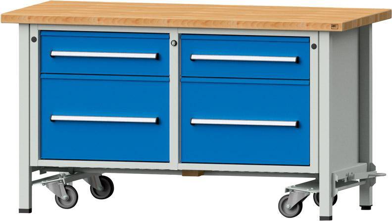 Anke Werkbank fahrbar B1500xT700xH850mm RAL7035/5012 BMP: 50 mm 4 Schubladen