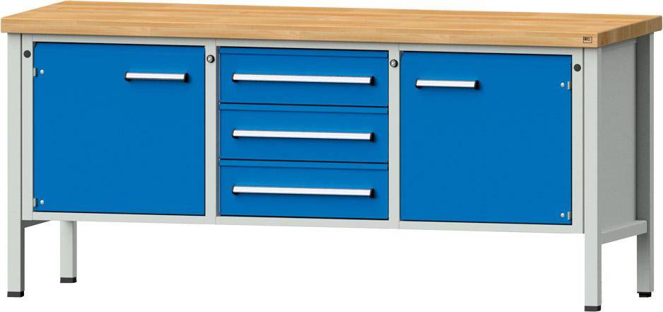 Anke Kastenwerkbank B2000xT700xH900mm RAL7035/5012 BMP: 50 mm 3 Schubladen, 2 Türen