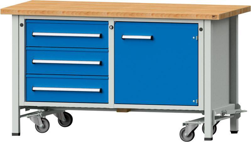 Anke Werkbank fahrbar B1500xT700xH850mm RAL7035/5012 BMP: 50 mm 3 Schubladen, 1 Tür