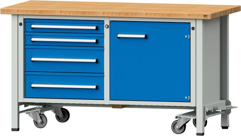 Anke Werkbank fahrbar B1500xT700xH840mm RAL7035/5012 BMP: 40 mm 4 Schubladen, 1 Tür