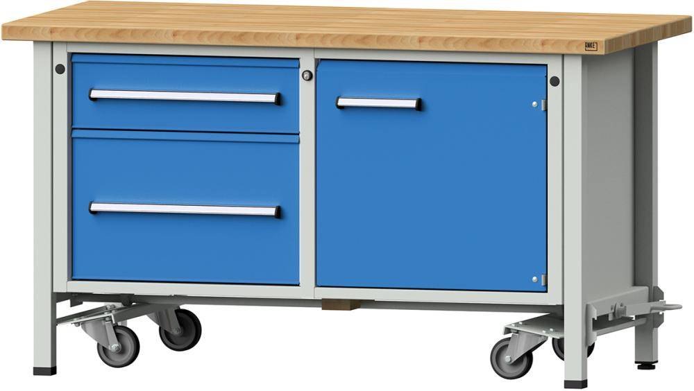 Anke Werkbank fahrbar B1500xT700xH840mm RAL7035/5012 BMP: 40 mm 2 Schubladen, 1 Tür