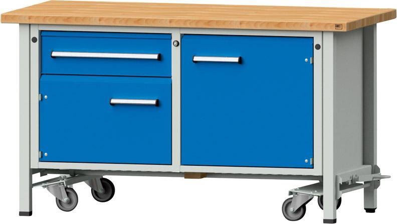 Anke Werkbank fahrbar B1500xT700xH850mm RAL7035/5012 BMP: 50 mm 2 Schubladen, 1 Tür