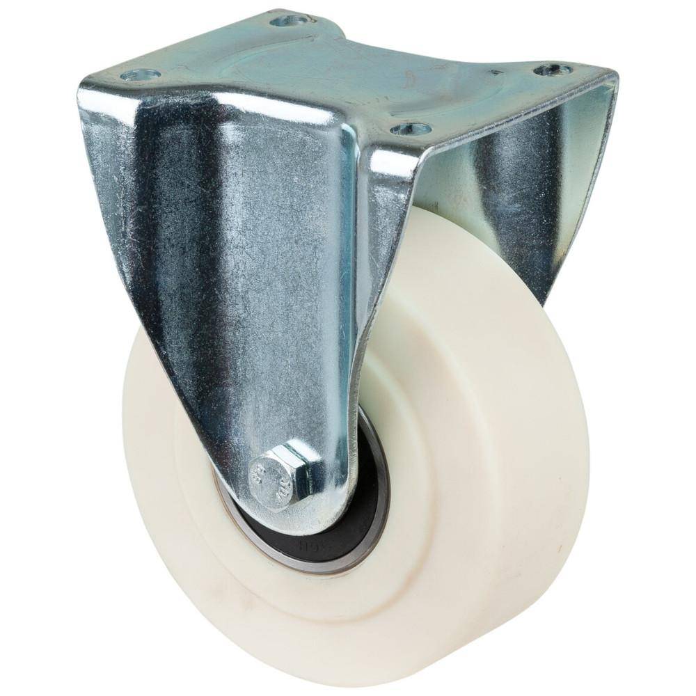 Metallisches Drehrad mit weißem Gummireifen und Stahlhalterung auf weißem Hintergrund.
