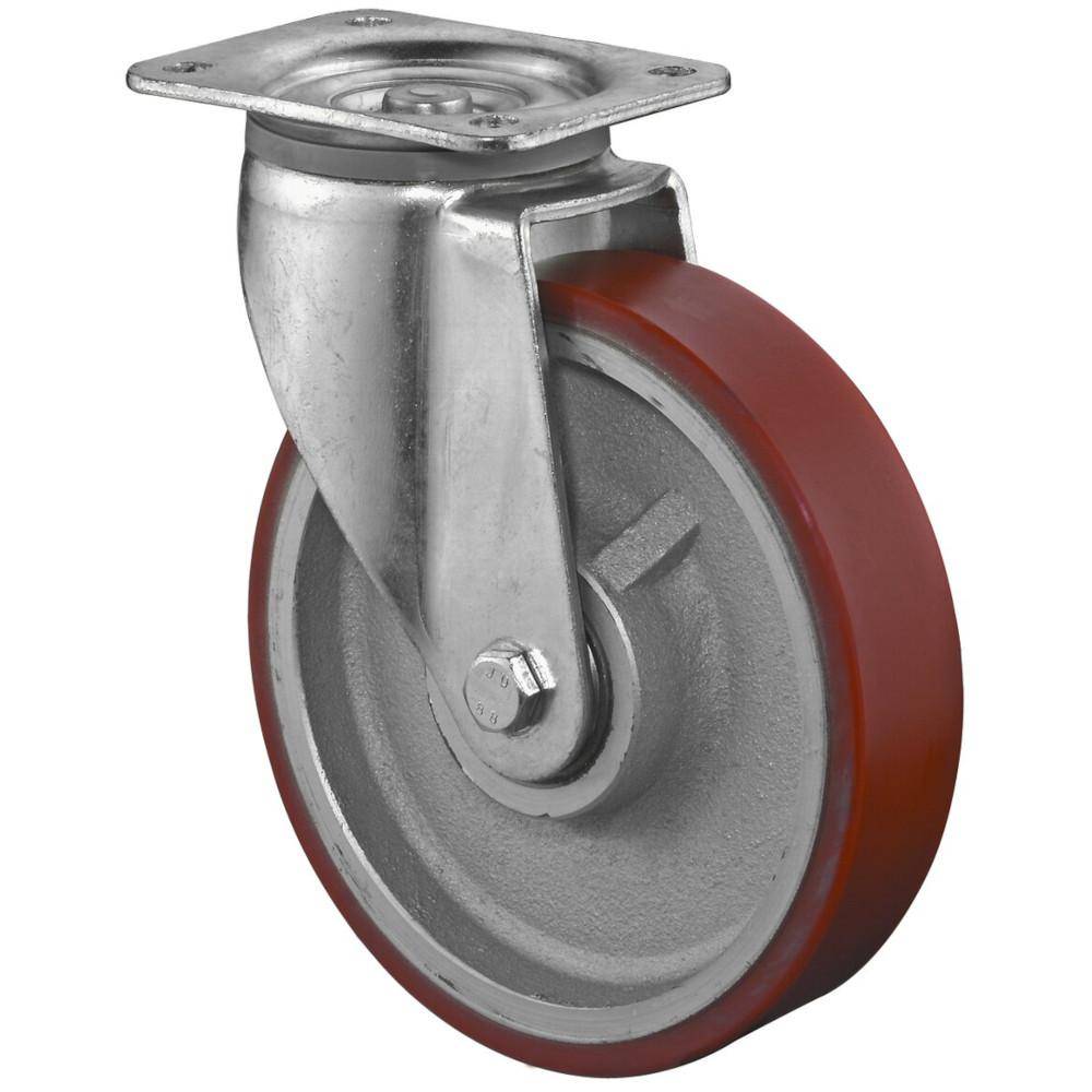Ein metallnes Drehfuß-Laufrad mit rotem Gummibelag und quadratischer Montageplatte auf weißem Hintergrund.