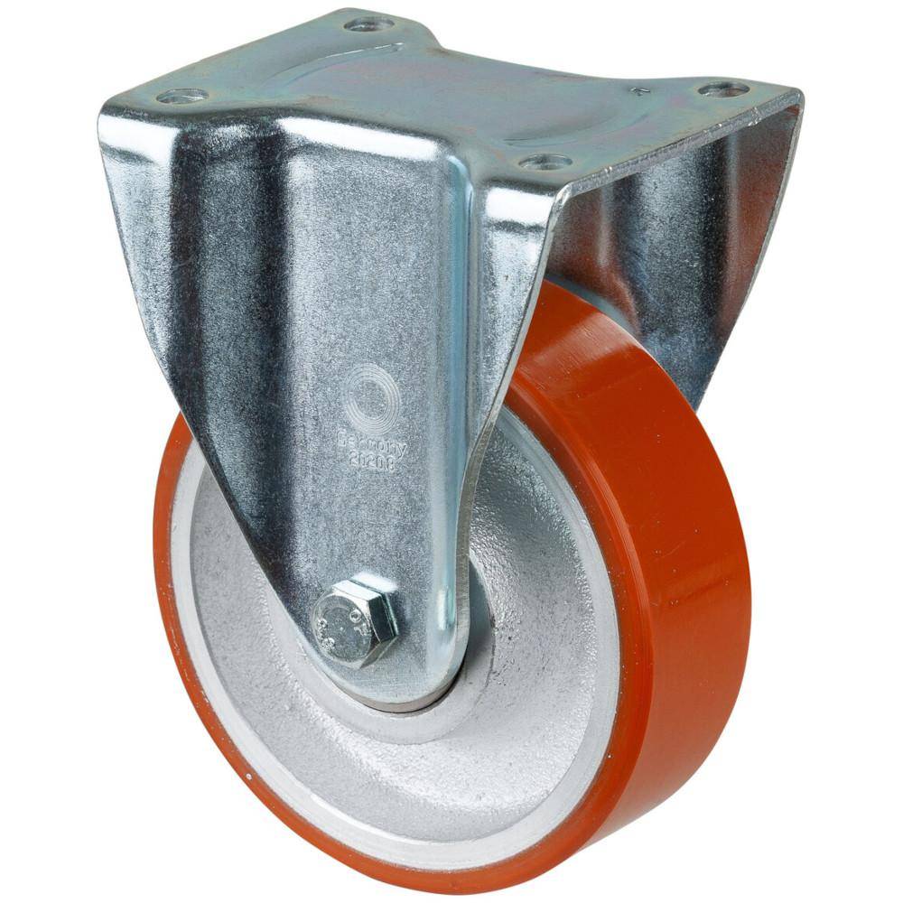 Robustes Drehgestell-Lenkrad mit orangefarbener Lauffläche und Metallmontagebügel auf weißem Hintergrund