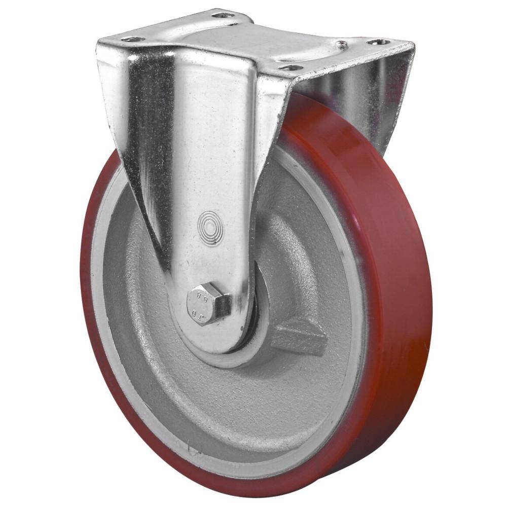 Ein einzelnes robustes Lenkrad mit rotem Gummibelag und silbernem Metallhalter auf weißem Hintergrund.
