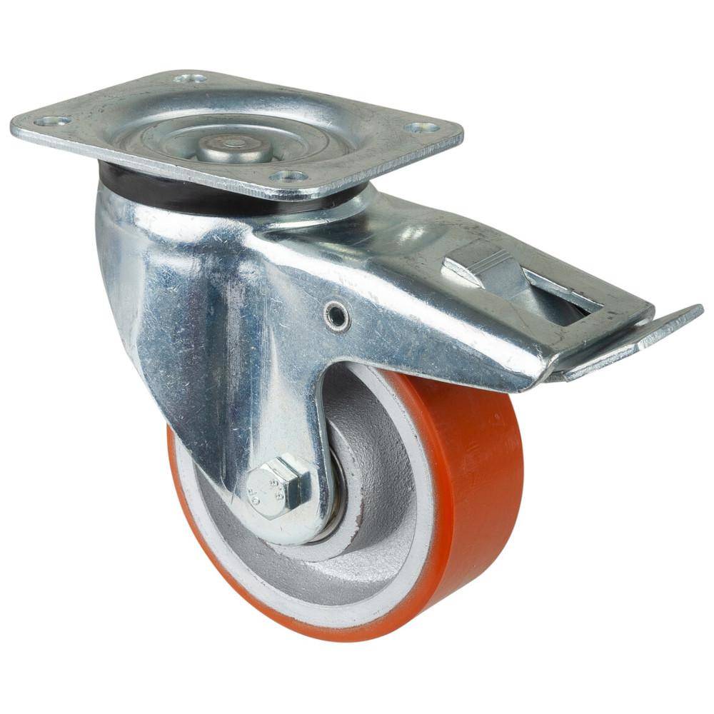 Metallkugelrolle mit orange Gummilauffläche und oberer Montageplatte, dargestellt auf weißem Hintergrund.