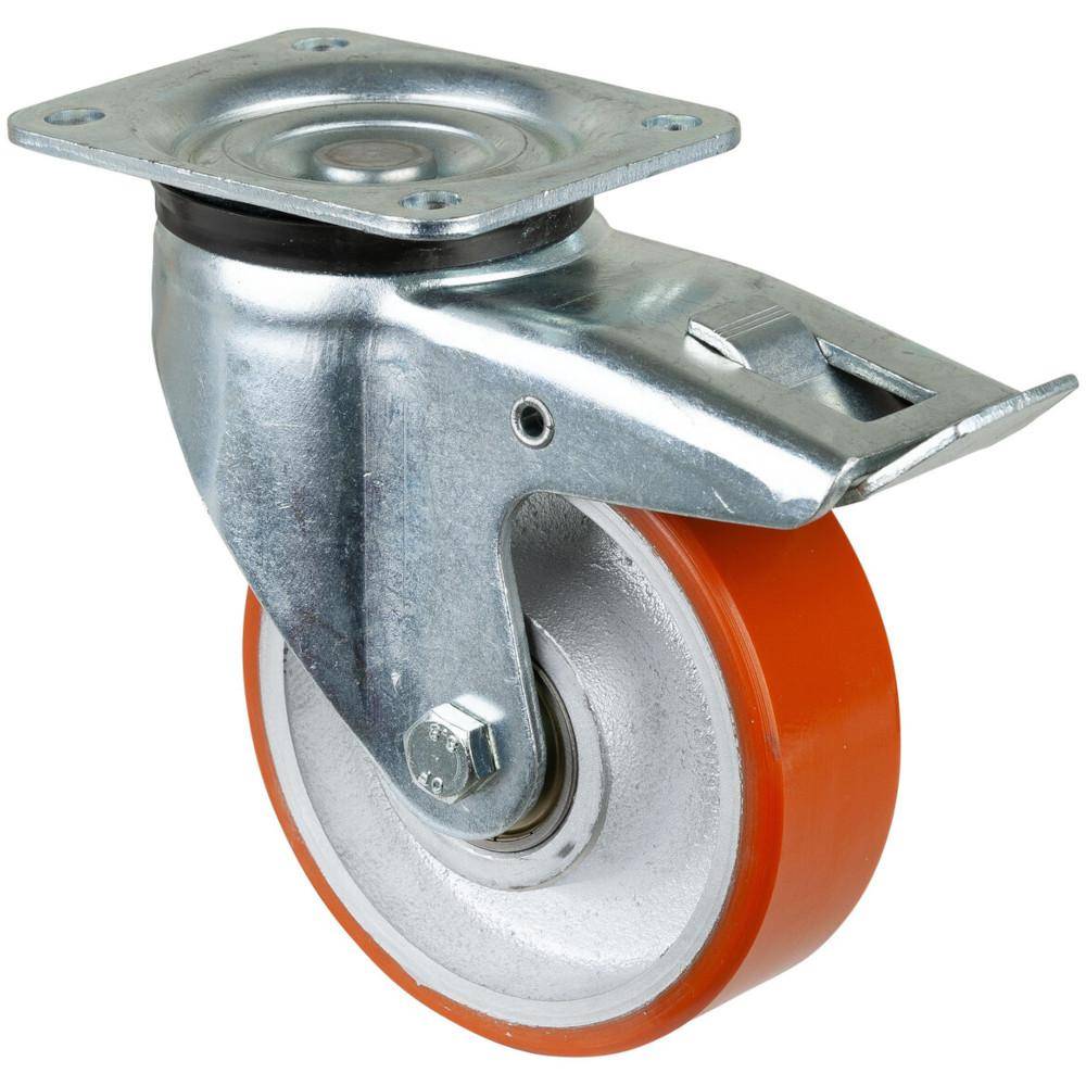 Lenkrolle mit orangefarbenem Lauffläche und Metallmontageplatte, verwendet zum Verschieben von Möbeln oder Ausrüstung.