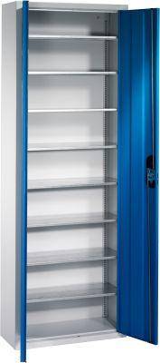 Lager-Regalschrank B700xT300xH1980 mm RAL 7035/5012 mit Türen 9 Fachböden