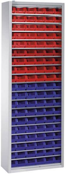 Lager-Regalschrank B700xT300xH1980 mm RAL 7035 ohne Türen 18 Fachböden, 114 Kästen