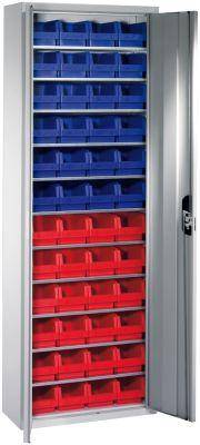 Lager-Regalschrank B700xT300xH1980 mm RAL 7035 mit Türen 11 Fachböden, 48 Kästen