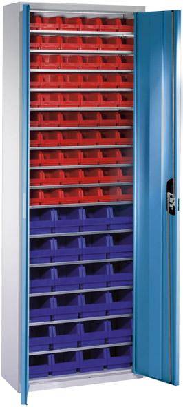 Lager-Regalschrank B700xT300xH1980 mm RAL 7035/5012 mit Türen 15 Fachböden, 84 Kästen