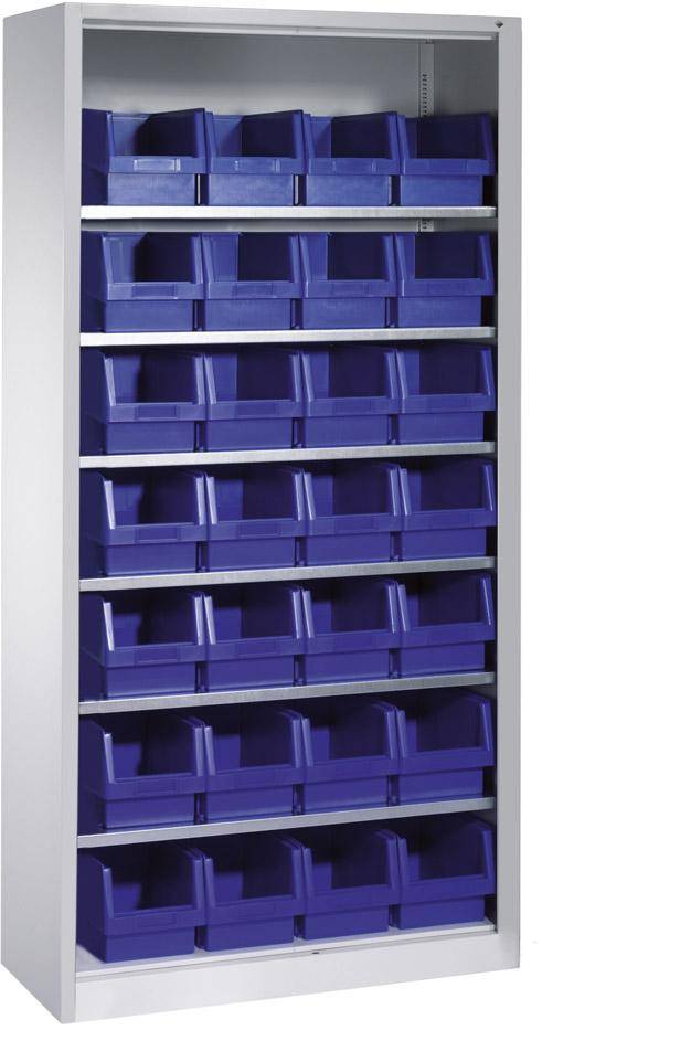 Lager-Regalschrank B1000xT300xH1980 mm RAL 7035 ohne Türen 6 Fachböden, 28 Kästen